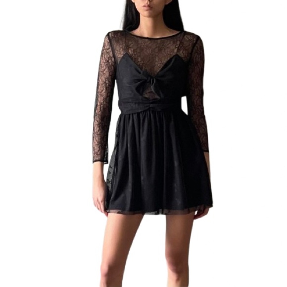 Zara Trafaluc Black Lace Bow Tie Front Mini Dress Size Large NWT